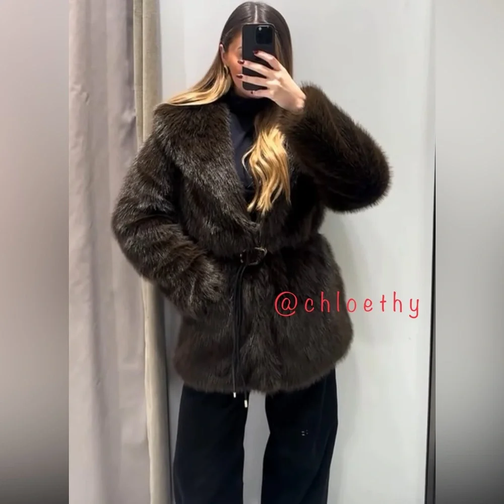 Zara FAUX FUR COAT WITH BELT - Picture 4 of 13